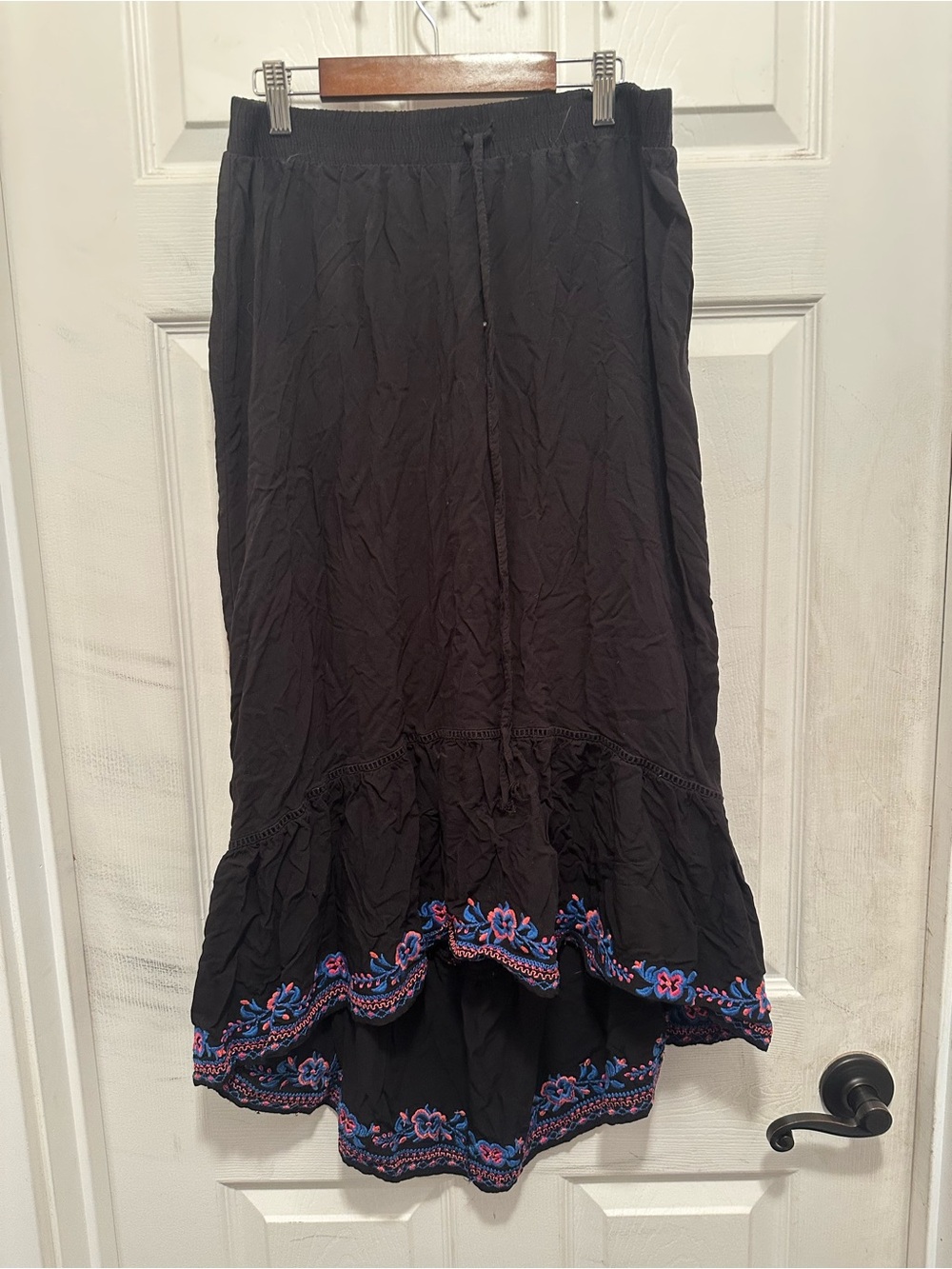 Black High-Low Skirt with Blue and Pink Embroidery Floral Whimsigoth Goth